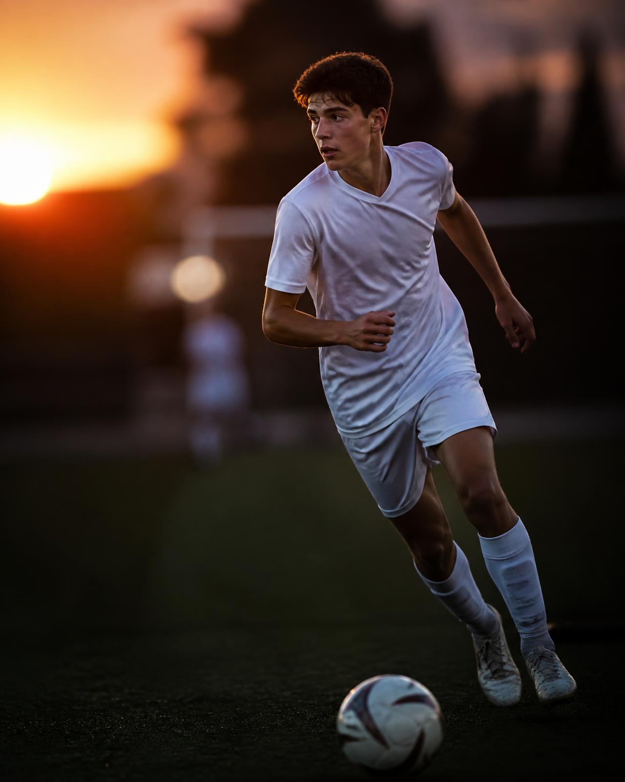 Atleta de futebol treinando ao pôr do sol